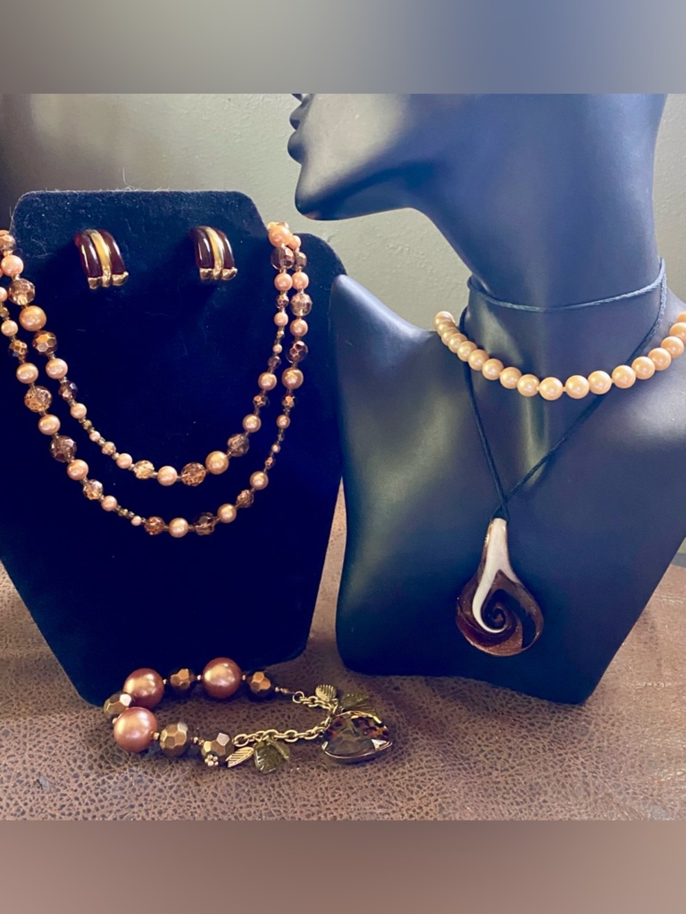 Murano Glass Pendant, Napier Earrings. Peach, Copper, Colors Beaded Necklaces